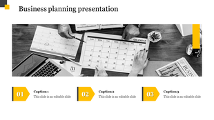 Business planning slide with hands pointing at calendars on a wooden table, laptop, and documents, with three yellow caption.