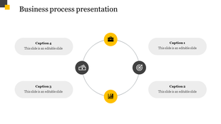 Business process PowerPoint slide with a circular flow diagram, each section featuring an icon and captions.