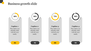 Business growth slide with four vertical banners, each showing a percentage in circular progress bars with caption areas.