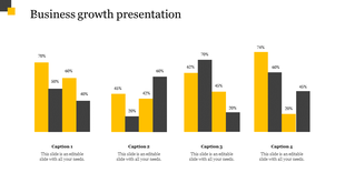 Business growth PPT slide with colorful bar charts showing percentages for four different categories with captions.