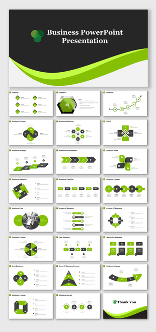 Corporate business slide deck with green and black color scheme showcasing strategy, planning, and analysis.