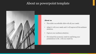 About Us PowerPoint slide with a colorful design and a black and white photo of tall office buildings with placeholder text.
