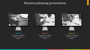 Business slide featuring three monitors with grayscale business images, caption text in blue, red, and green below. 