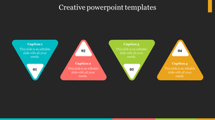 Creative PowerPoint template featuring four colorful triangular icons with captions on a dark backdrop.