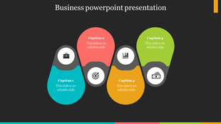 Business slide with four colorful droplet shaped elements containing icons and captions on a dark background.