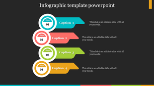 Infographic slide with four step markers in blue, red, green, and yellow, each linked to a caption bar on a dark background.