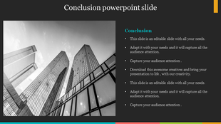 A conclusion slide featuring a monochrome image of skyscrapers, with text placeholders for summarizing key points.