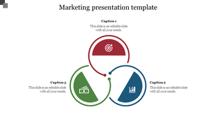 Marketing presentation template with three colored interconnected sections for strategy, finance, and growth with captions.