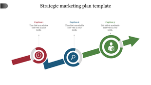 Strategic marketing plan template with a three arrow path in red, blue, and green, each step marked with a circular icon.