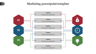 Marketing template with hexagonal icons in red, blue, and green, each linked to gray caption boxes with arrows.