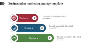 Business plan slide with three banners in red, blue, and green, each containing an icon, caption, and numbered circle. 