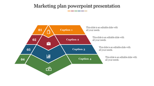 Marketing plan slide with a four pyramid diagram in orange, red, blue, and green, each containing an icon and caption. 