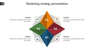 Diamond shaped layout with four colored sections, featuring icons in orange, red, blue, and green.