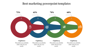 Marketing slide with four interlinked rings in red, blue, green, and orange, each featuring an icon and percentage label. 