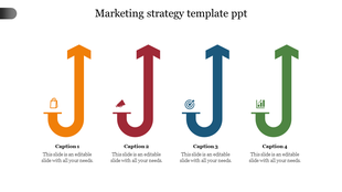 Marketing slide with four curved upward pointing arrows in orange, red, blue, and green, featuring icons and captions below.