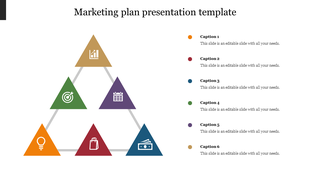 Marketing plan infographic with a six triangle pyramid, each containing an icon, connected to captions on the right.