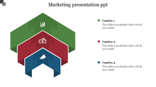 Marketing PPT presentation template with colored arrows and icons representing different business strategies with captions.