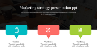 Row of three speech bubble shapes in teal, red, and green, each containing an icon representing a marketing aspect.