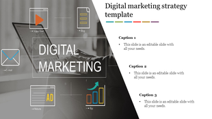 Digital marketing strategy slide with a laptop background, overlaying icons for email, video, blog, website, and ROI growth. 