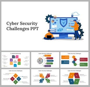 Cybersecurity challenges slide deck with illustrations and charts covering threats such as data breaches and insider risks.