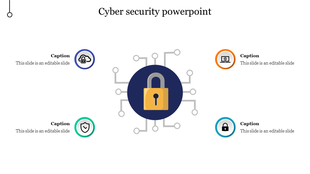Cybersecurity PowerPoint slide featuring a lock symbol with network lines branching to four captions.