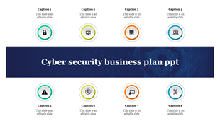 Slide showcasing a cyber security business plan with eight sections, each featuring a color coded icons and captions.