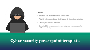 Cybersecurity template featuring a hacker illustration in a black hoodie and mask using a laptop, with text on the right. 