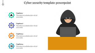 Cybersecurity slide with a hacker figure using a laptop on the right, and four gear-shaped icons with captions on the left. 