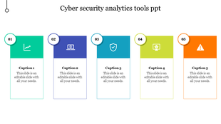 A colorful PowerPoint slide showcasing five cyber security analytics tools, each represented by an icon and a brief caption.