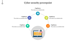 Cyber security PPT slide with a laptop showing password protection and surrounded by colorful icons with captions.