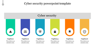 Cybersecurity diagram with six sections, each featuring security icons like a lock, warning, and shield, under a  banner. 