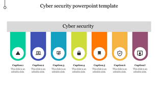 Cybersecurity themed layout with seven colorful vertical tabs featuring icons and captions in a clean design.