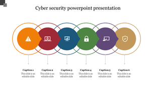Cyber security PPT presentation slide featuring a flow of colorful circular icons with captions on a white backdrop.
