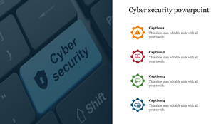 Cybersecurity slide with a blue key labeled on a keyboard and four colored gear icons with captions on the right.