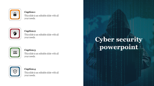 A slide featuring cyber security icons such as a lock, brain, laptop, and shield with a hacker background.
