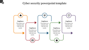 Cybersecurity flowchart with curved arrows connecting icons for warning, lock, and shield placed with caption areas.