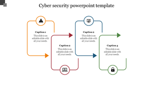 Cyber security slide with a flow diagram showing various stages with icons and captions.
