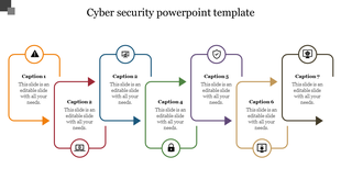 Cybersecurity PowerPoint template featuring seven captions with color coded arrows and icons with placeholder text.