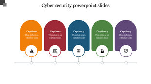 Cybersecurity slide featuring five columns with icons like warning signs, locks, and shields connected by a timeline.