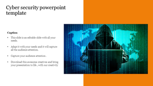 Cybersecurity slide with a hacker using a laptop, overlaid with binary code, and a world map in the background.