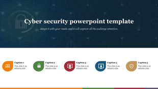Cybersecurity PowerPoint template with five captions, each featuring an icon and placeholder text on a split backdrop.