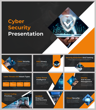 Cyber security PowerPoint with a variety of slides covering topics like security awareness, data privacy, and cloud security.