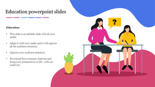 Education slide featuring a teacher and a student at a desk, with a question mark speech bubble, on a colorful background. 
