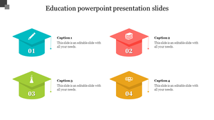 Slide with four colorful graduation cap icons, each labeled with a number and an caption area for educational content.