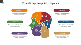 Education PowerPoint template with a colorful brain puzzle design featuring icons with captions and placeholder text.