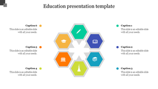 Hexagonal layout with six colorful icons and captions in yellow, orange, green, blue, purple, and teal.
