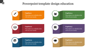Education slide with six colorful ribbon banner, each with an icon and caption, aligned in two columns on a white background.