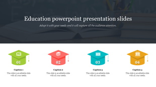 Education slide with four graduation cap icons in green, red, blue, and yellow, each numbered with captions below.