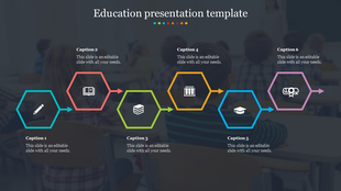 Hexagonal education timeline with six icons linked by arrows, placed over a blurred classroom scene with students.