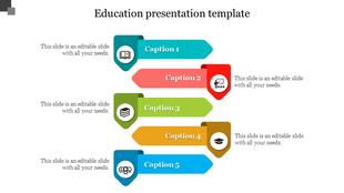 Colorful education PowerPoint template with five captions, each featuring an icon and a unique color on a white backdrop.